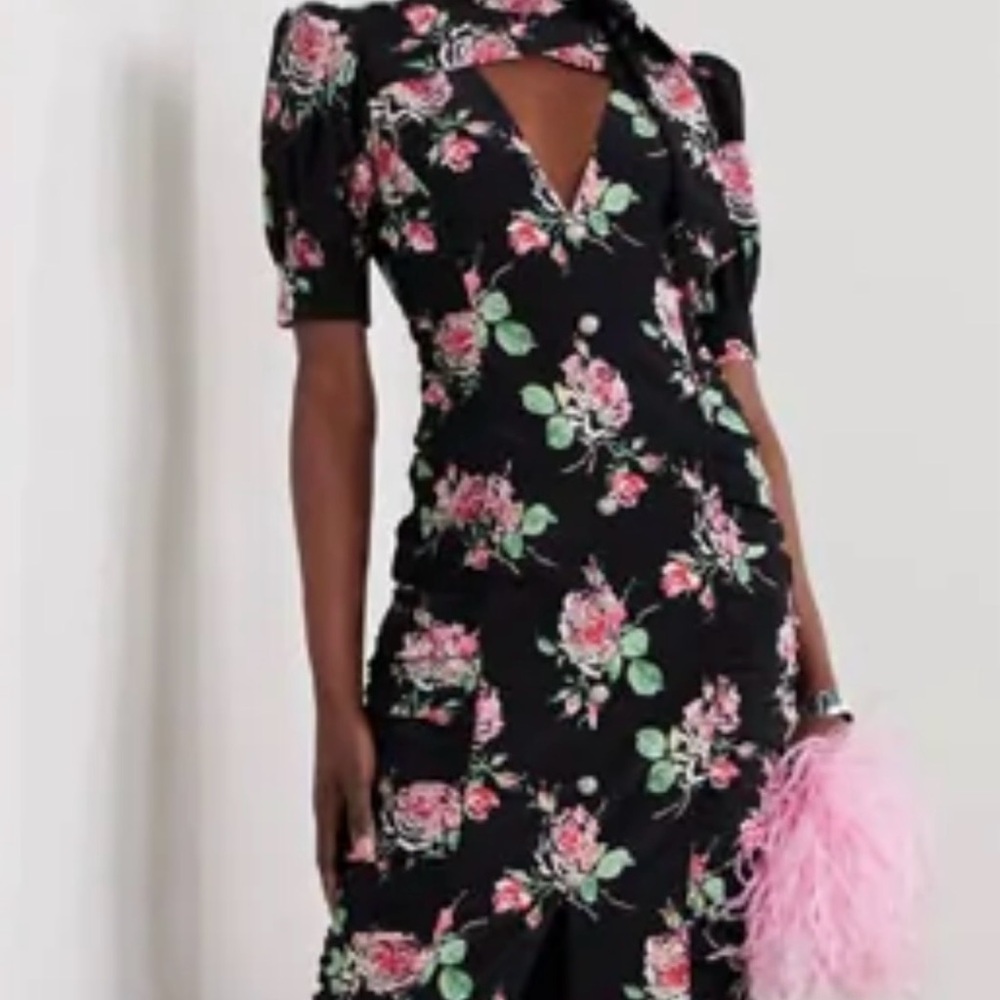 Alessandra Rich Black Floral Midi Dress with Pink Roses